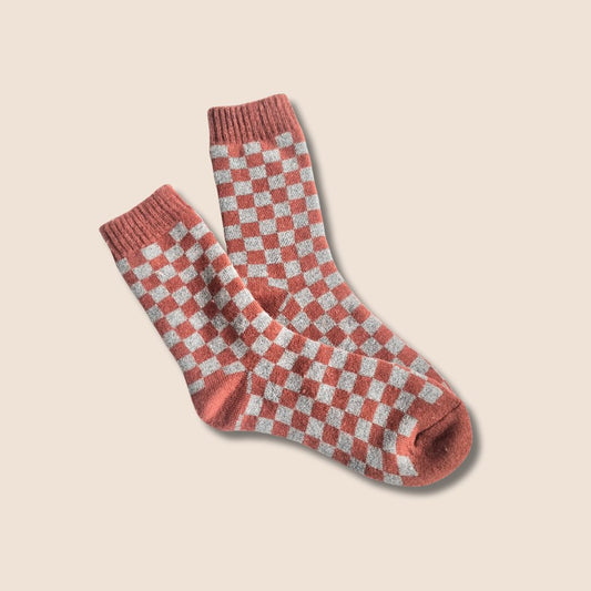 Warm socks in wool mix - Rust brown / Plaid (Men's)